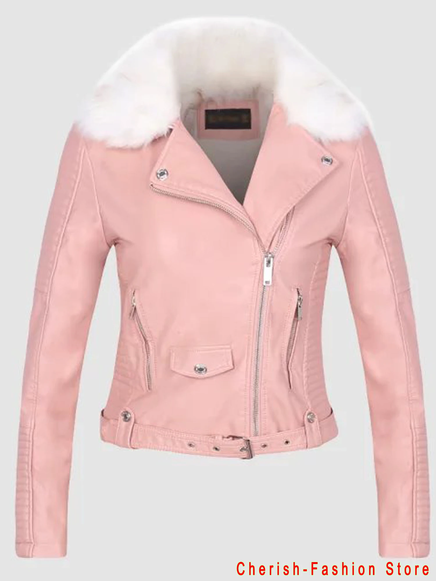 Novo inverno 2023 jaqueta feminina preto rosa do falso casaco de couro quente grosso pele carneiro biker casaco casual feminino