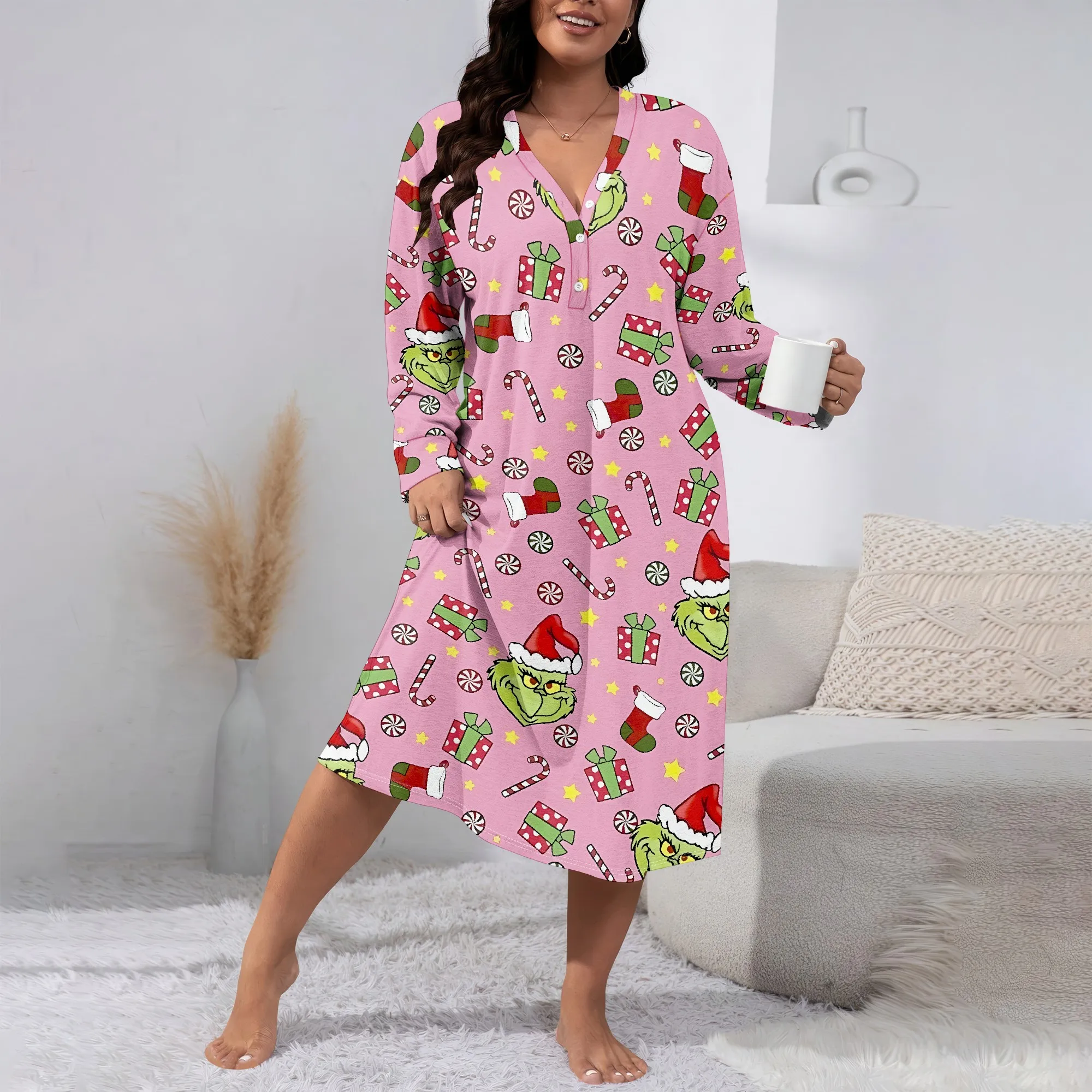 

Women's Autumn 3D Fashion Printed V-neck Casual Long sleeved Dress