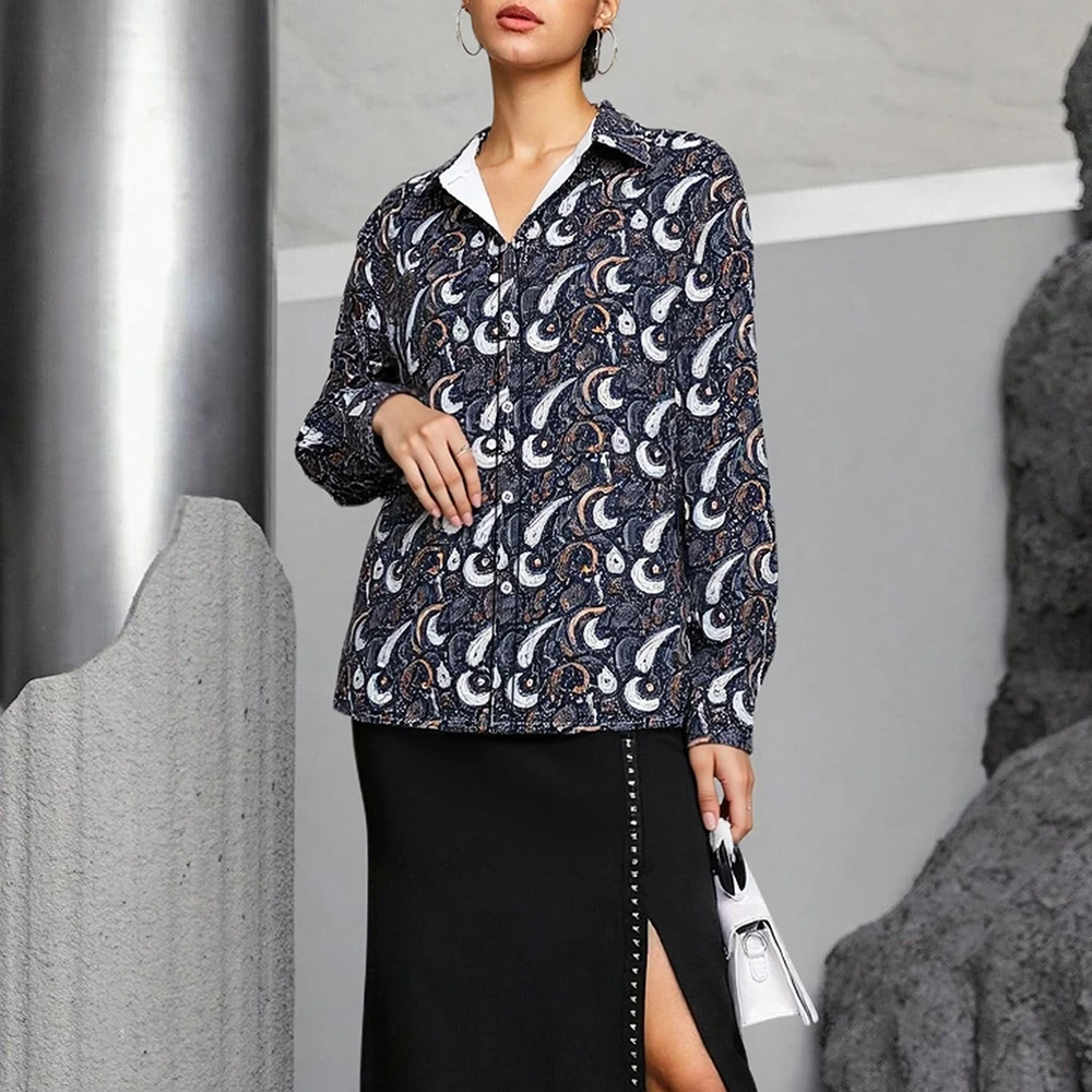 

Бутик Mia Muse, осенние рубашки, 2025 г., женские повседневные рубашки с геометрическим принтом и длинными манжетами, рубашка с воротником, уличная рубашка