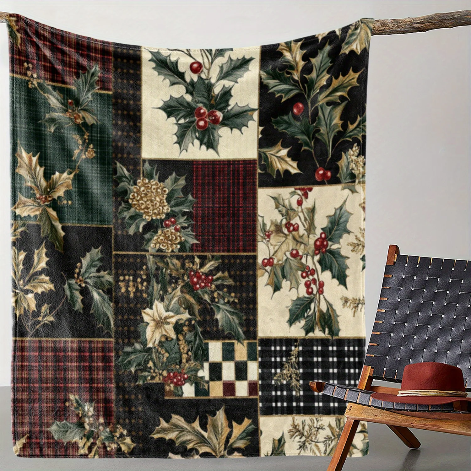 1pc Flannel Throw Blanket, Christmas Plaid with Red Berries Print, Soft Cozy Warm Blanket for Sofa Bed Car Office Camping Travel
