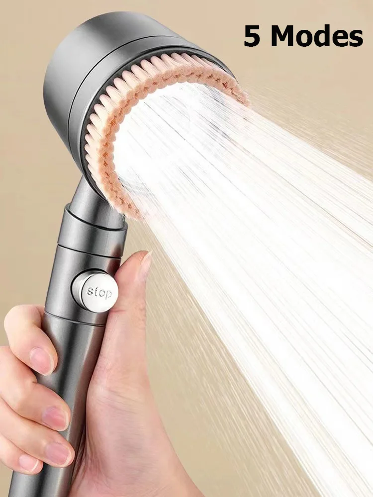 

5-функциональная ручная насадка для душа с щеткой для ванной комнаты и кнопкой остановки, спа-фильтр, насадка для душа, легкая очистка, насадка для душа, распылитель