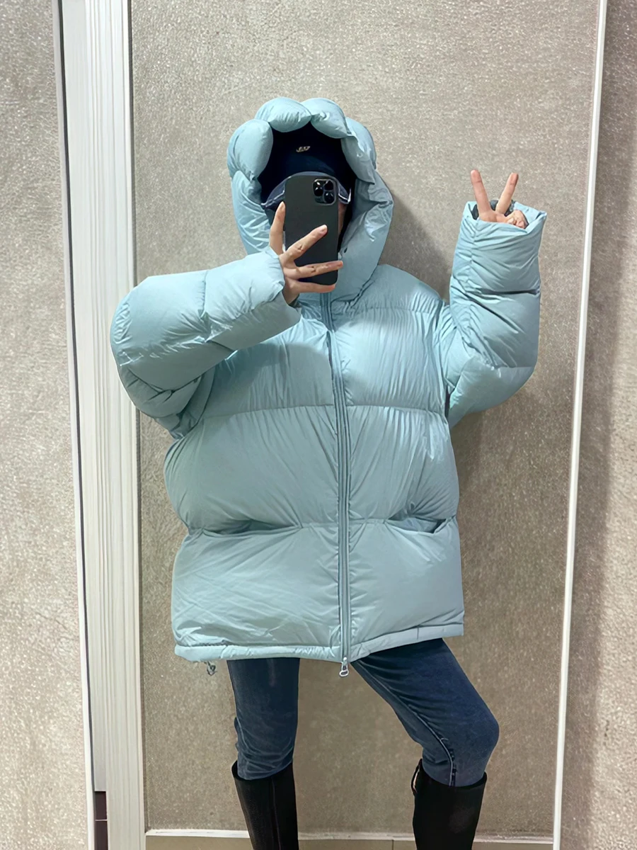 

Ultra-Warm White Duck down Puffer Jacket Women's Loose Fit Hooded Coat Korean Style Thickened Long Sleeve Zipper Closure