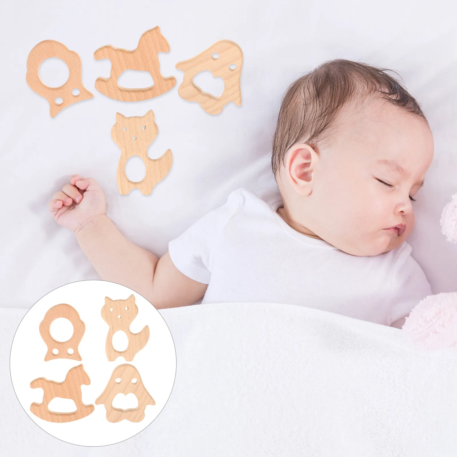 4 szt. Naturalne drewniane gryzaki dla niemowląt, prezent na ząbkowanie, gryzaki w kształcie zwierząt, kołyszące duszę gryzaki: Pingwin, Sowa, Kot, Konik na koniaku, drewniany gryzak