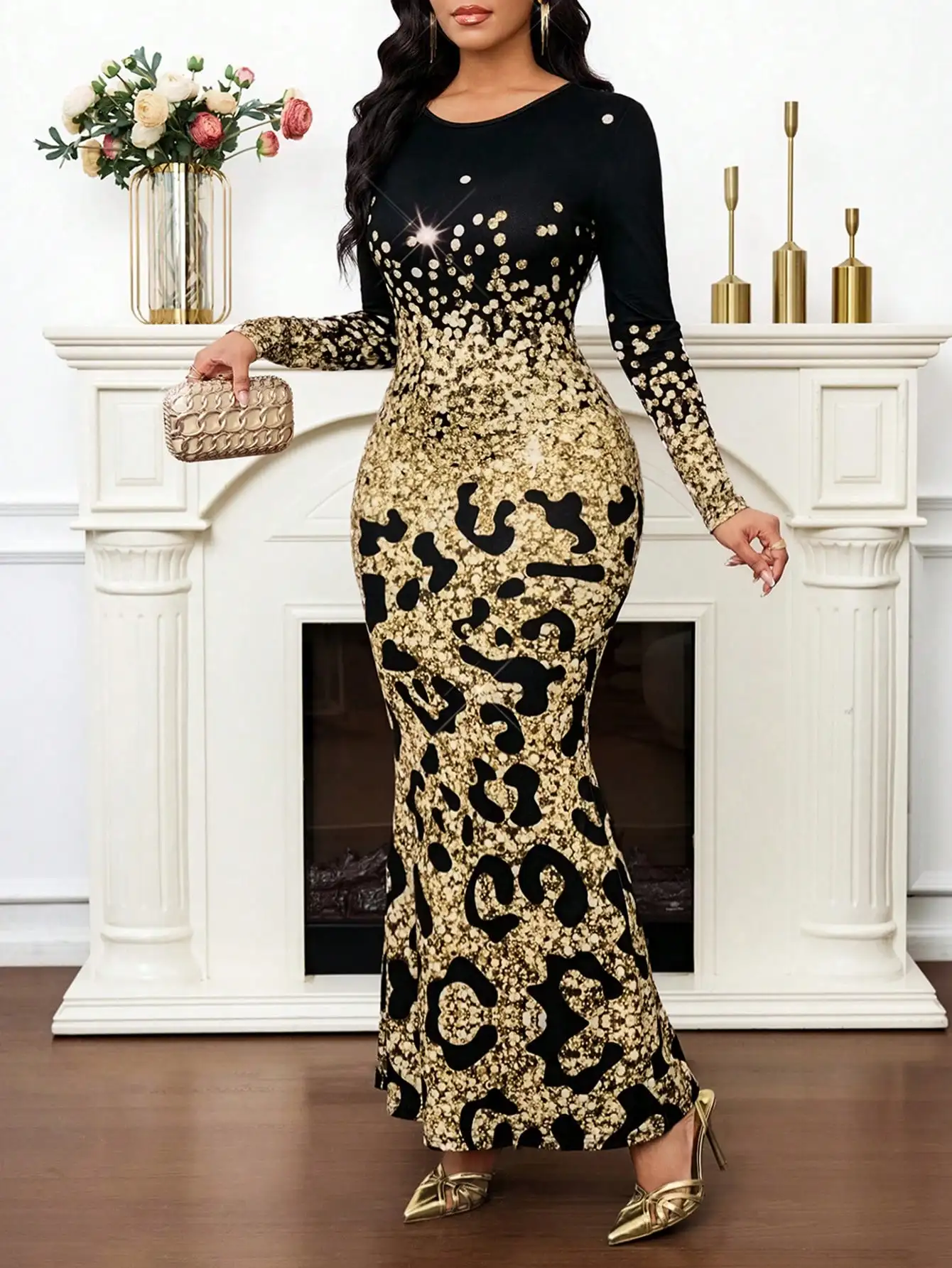 

Women's Round Neck Long Sleeve Sequin Leopard Print Maxi Dress