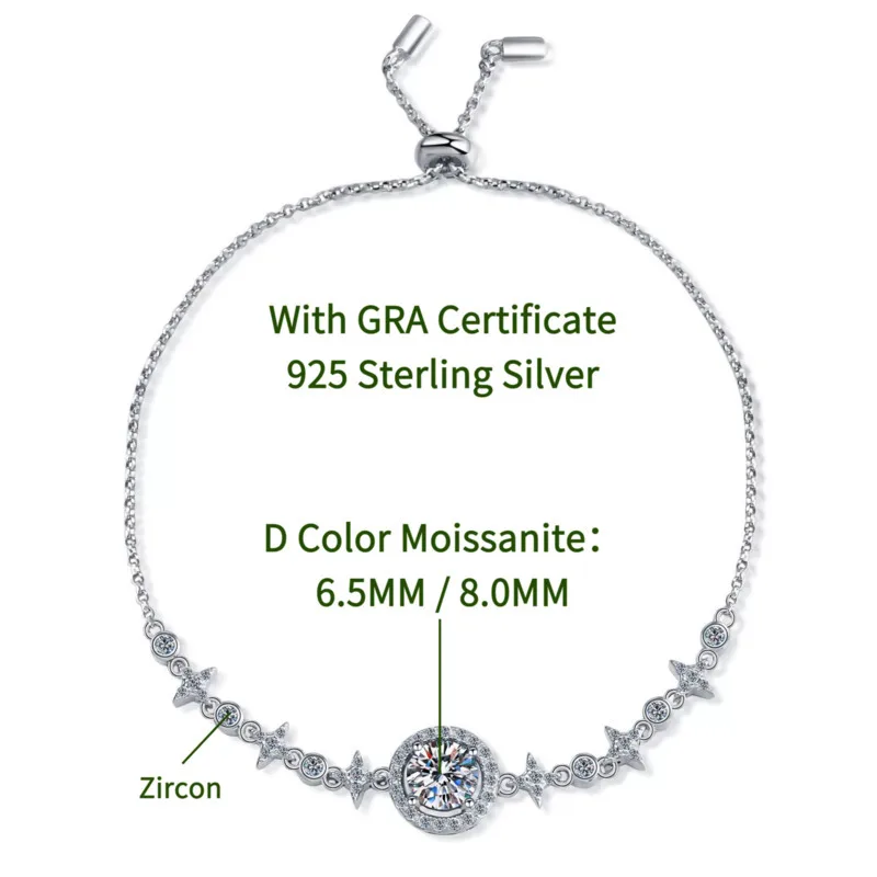 JH 925 فضة مويسانيتي سوار للنساء قابل للتعديل السماء المرصعة بالنجوم سوار قطع مستديرة 1CT غرامة مجوهرات مختبر الأحجار الكريمة #6