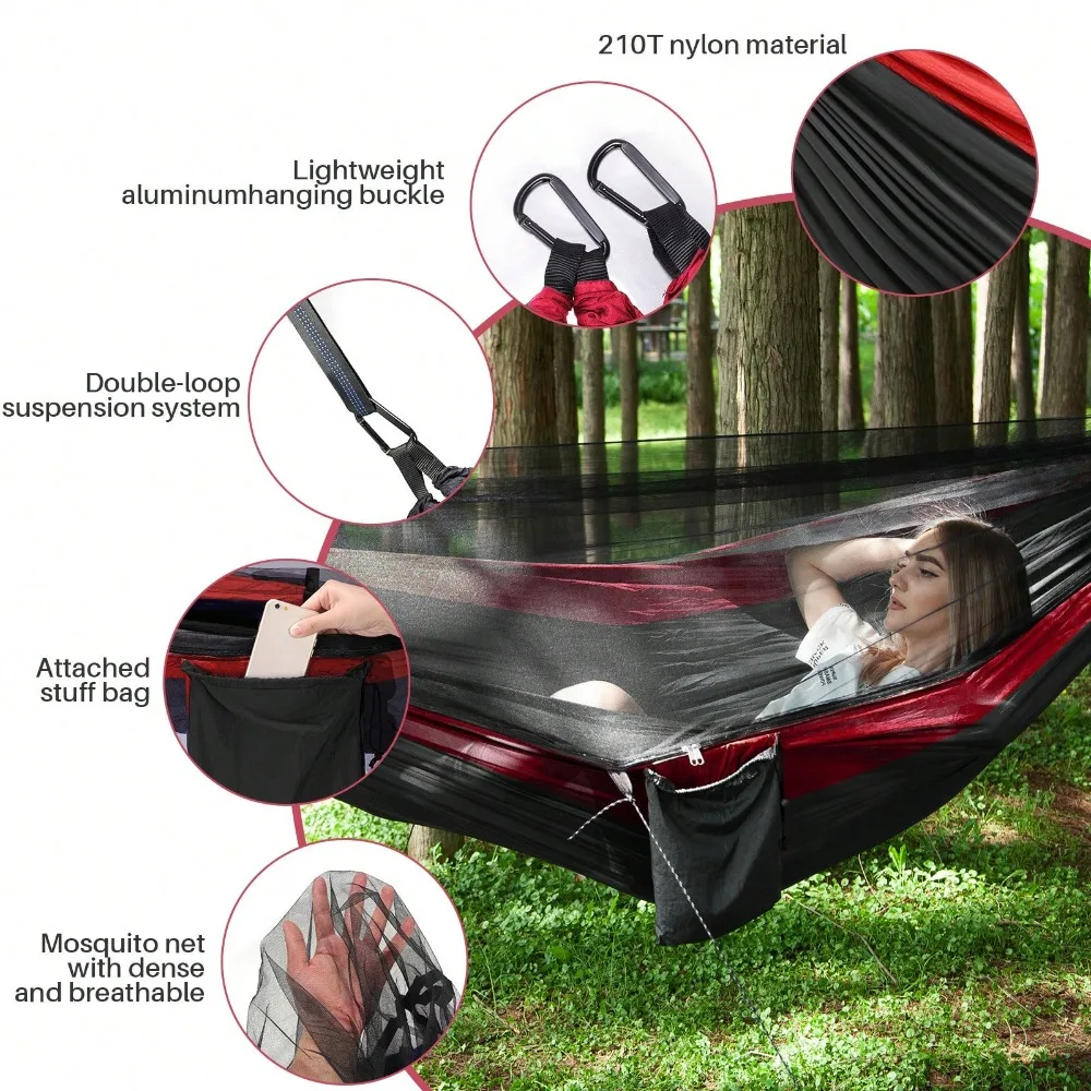 

2 Person Camping Hammock With Mosquito Net, Double Hammock, Outdoor Furniture Bed Strength Nylon Parachute Fabric Sleep