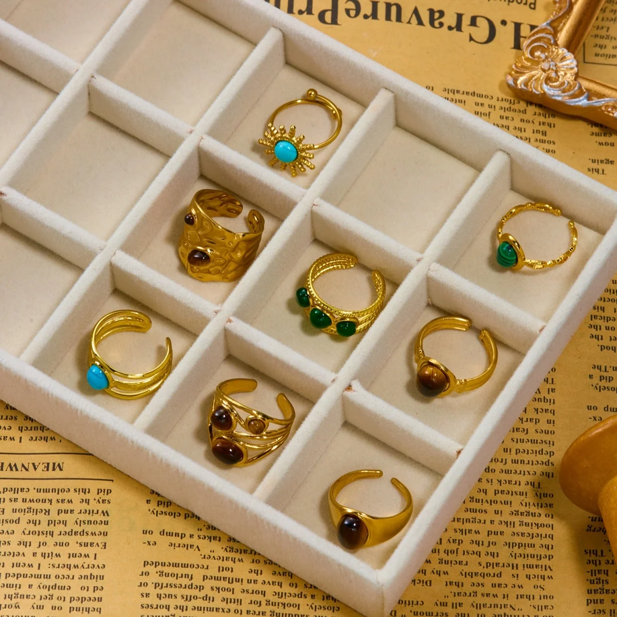 Retro-Ringe mit unregelmäßigem Lava- und Tigerauge-Stein für Damen und Herren, Edelstahl, geometrische Textur, Fingerring, ästhetischer Schmuck – Detail 6