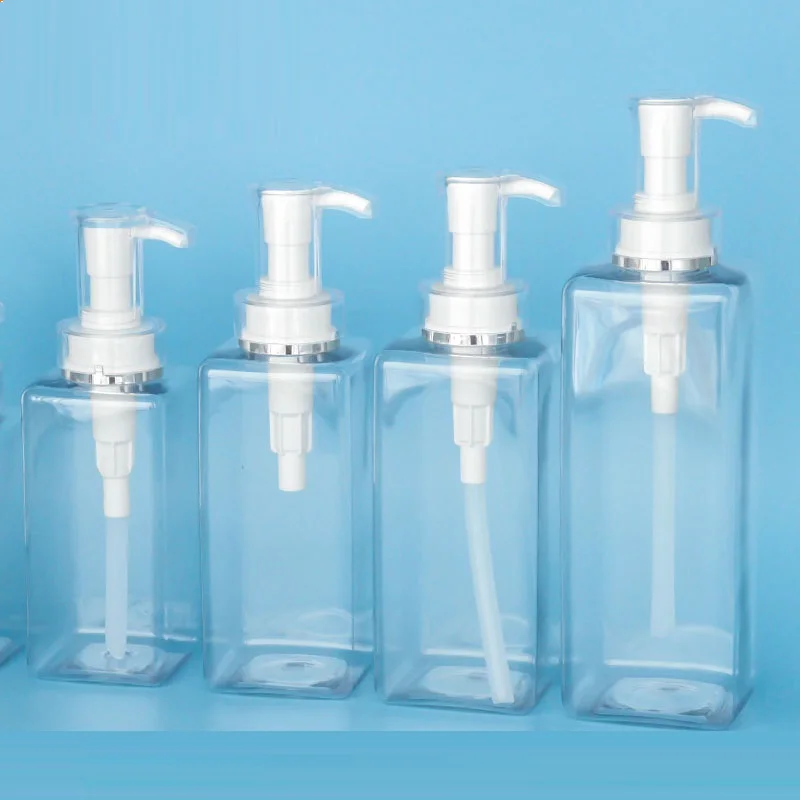 10pcs Clear Plastic Bottle Square Cosmetic Refillable Empty Shampoo 100ml 200ml 300ml 400ml 500ml 600ml Lotion Pump Bottles