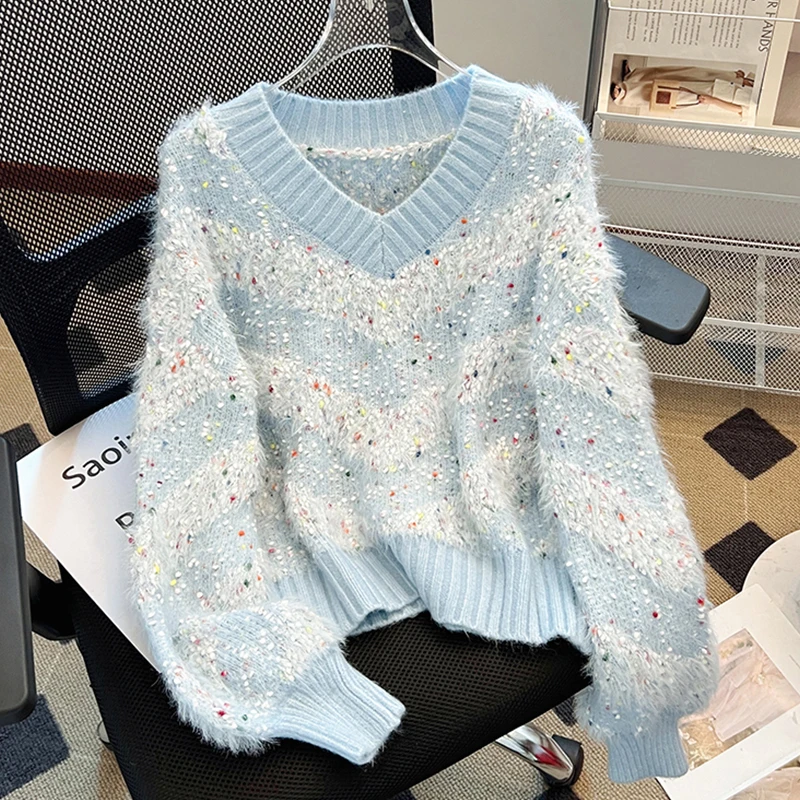 Mohair Knitted Sweater for Women Autumn Winter New Lazy Style V-neck Long Sleeve Pullover Good-looking Personalized Casual Tops