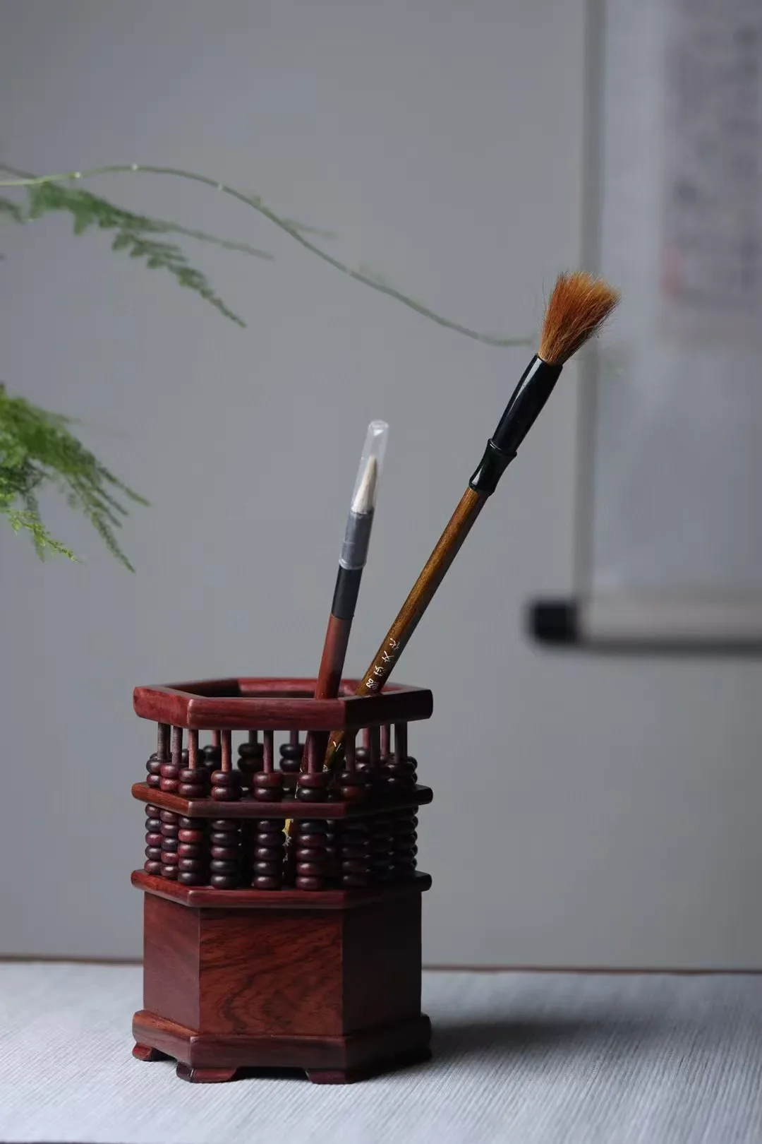 Chinese Wooden Pencil Holder, Abacus Pen Organizer, Small, Hexagon Brush Cup, Vintage Desk Accessory, Artistic Office Supplies