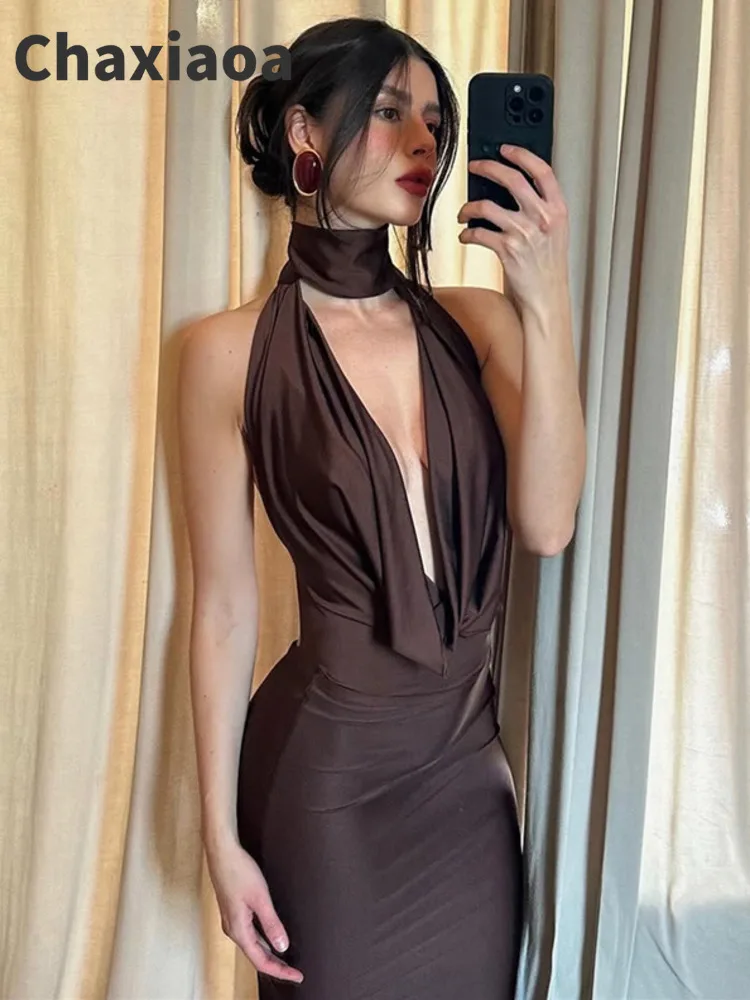 Chaxiaoa Halter Hollow Out Backless Sexy Maxi Jurk Vrouwen Mode Off-shoulder Mouwloze Bodycon Split Club Party Lange Jurk