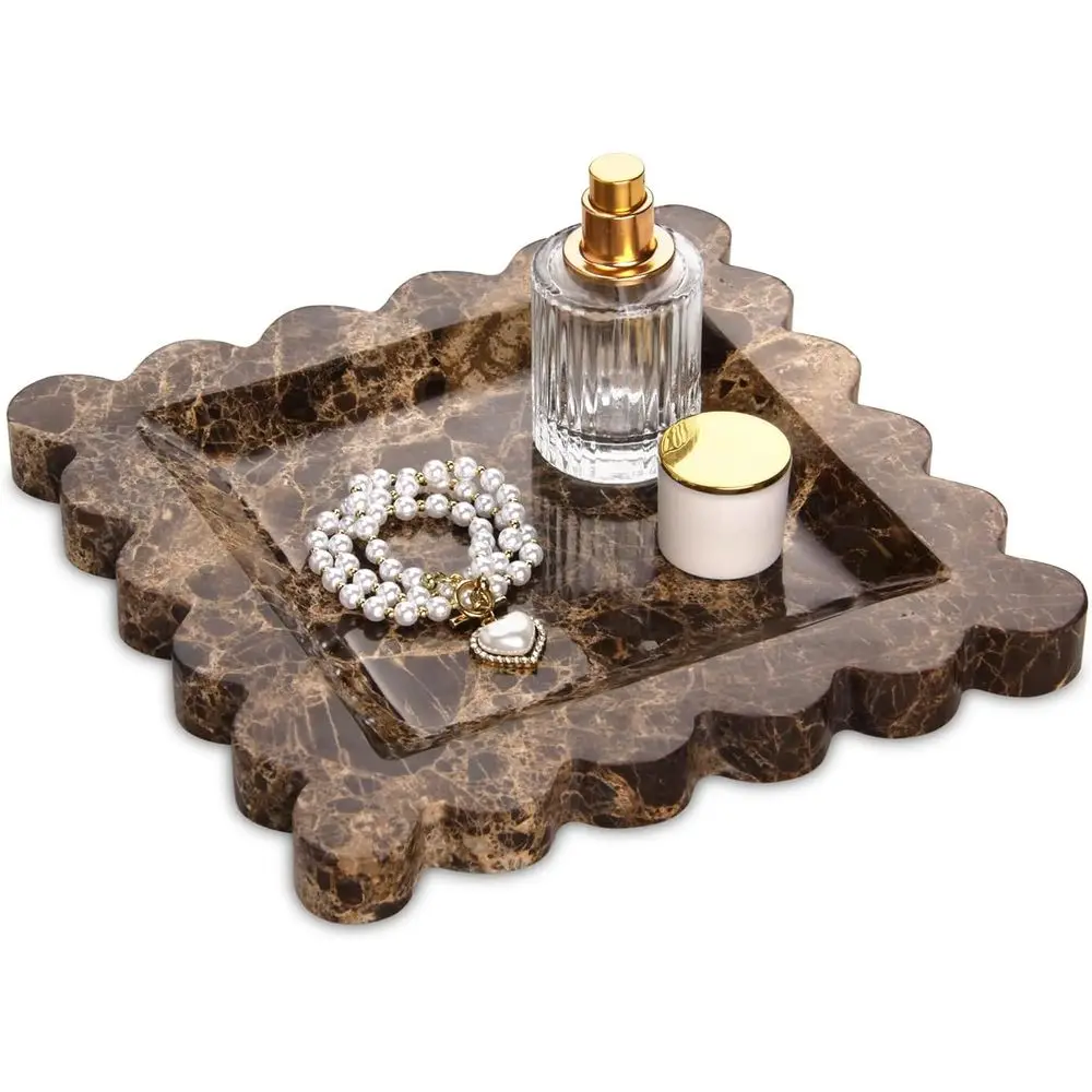 

Square Marble Decorative Tray with Scalloped Edge,Luxury Natural Stone Bathroom Vanity Tray, Drer Top Perume Coee Home Kitchen