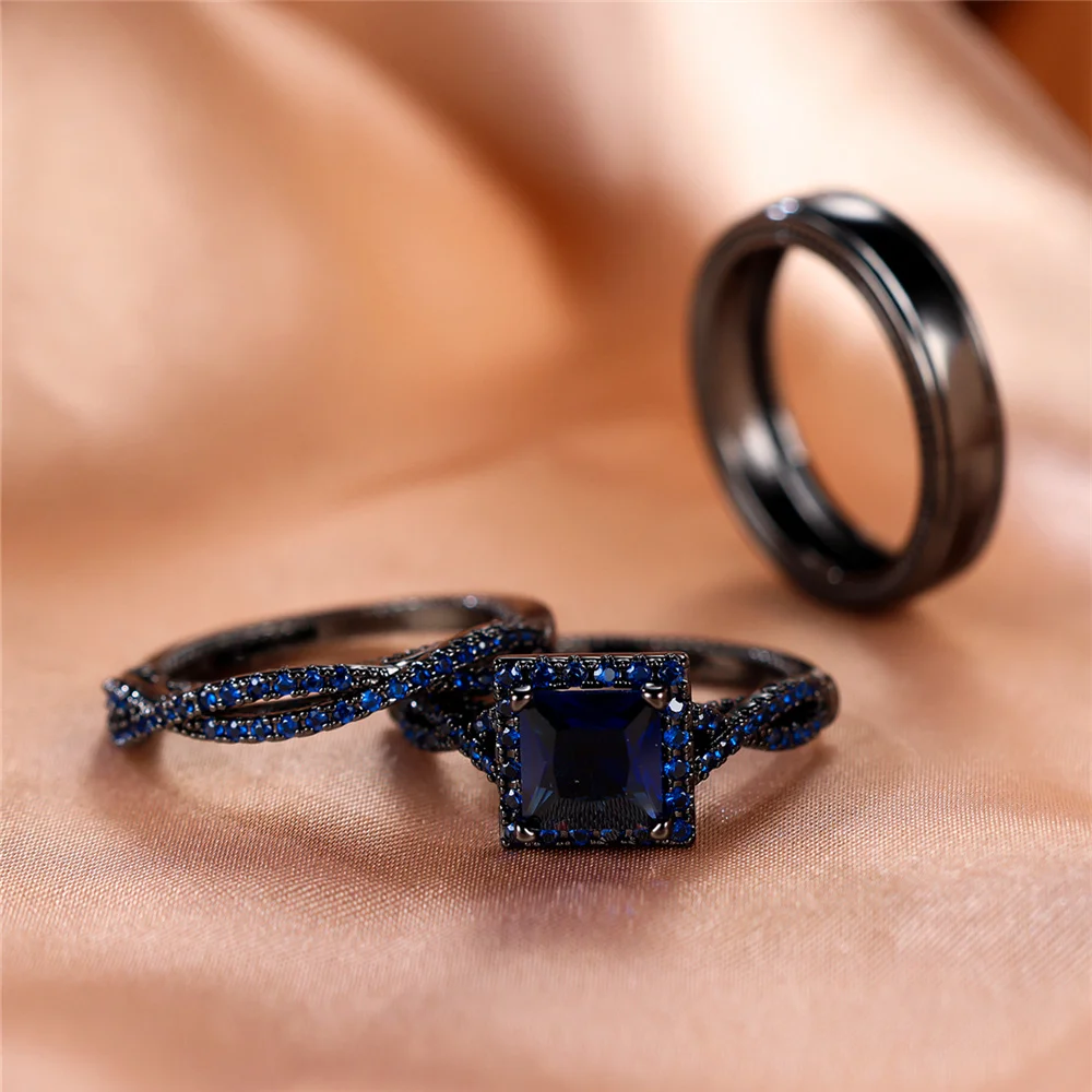 3pcs Luxury Female Crystal Green Blue Zircon Stone Engagement Ring Set Vintage Black Gold Color Wedding Jewelry For Women