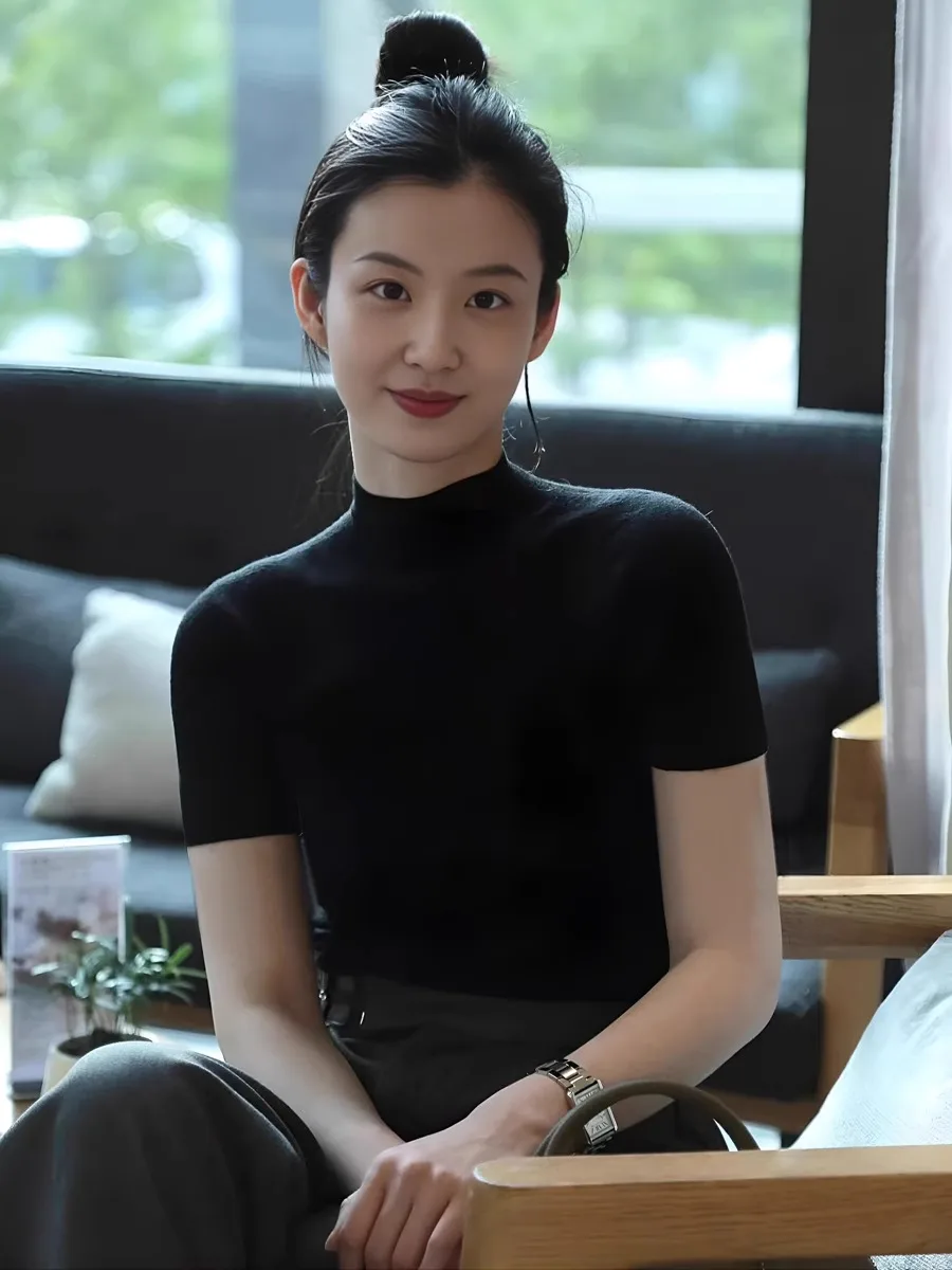 

Slim Fit ort Sve Knitted Sweater Women's Autumn oulder High Ne Thin Sle Bla Ele Inner Wear Top Korean Sle