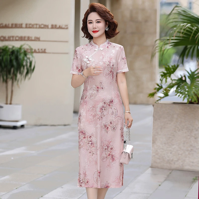 Elegant New Chinese Style Qipao Dress Mid-aged Women Summer Fashionable Elegant Long Skirt Button Detail Fit Dress