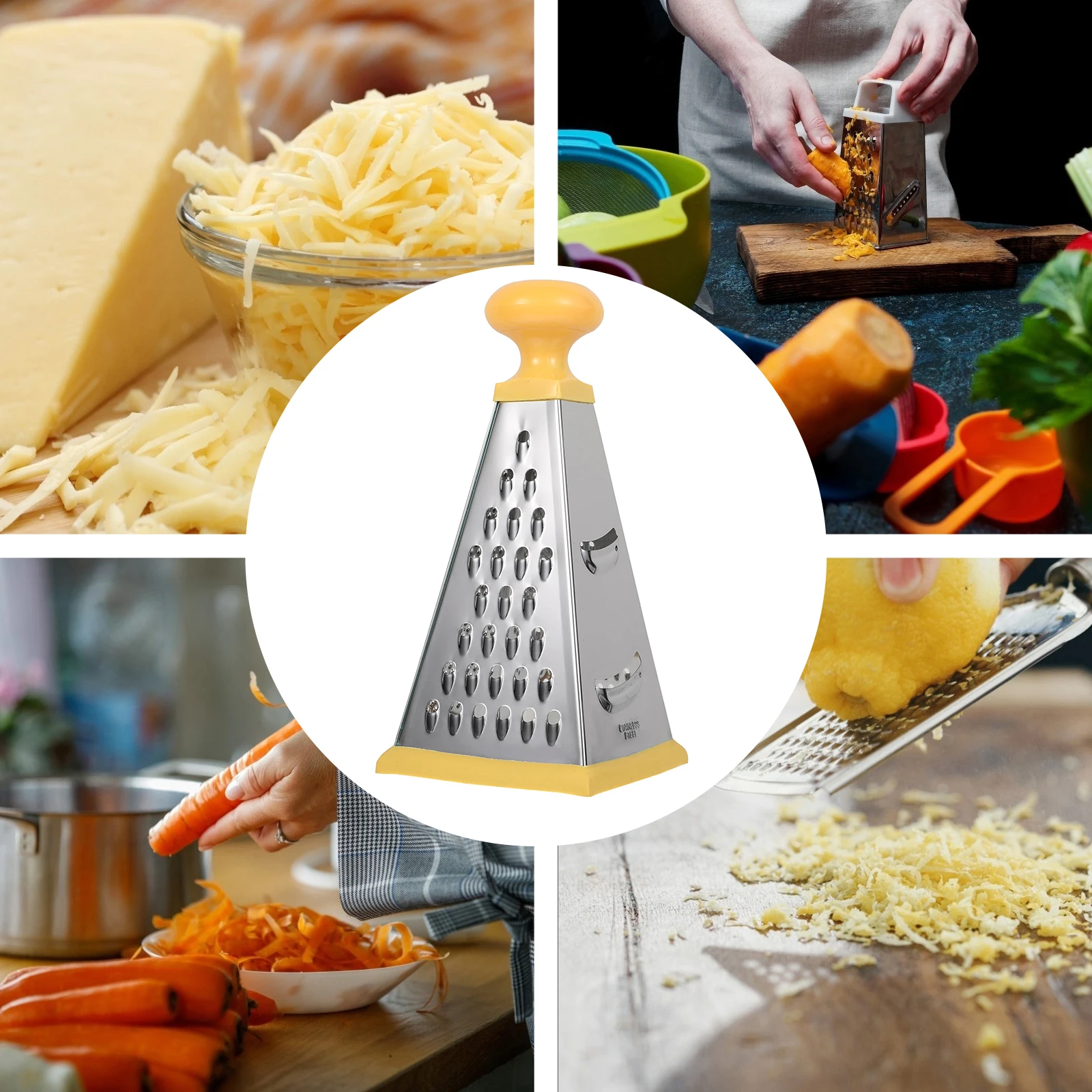 

Multi-function Grater 4 Sides Stainless Steel Vegetable Slicer Potato Shredder Cheese Yellow Kitchen Tool Box Grater Easy