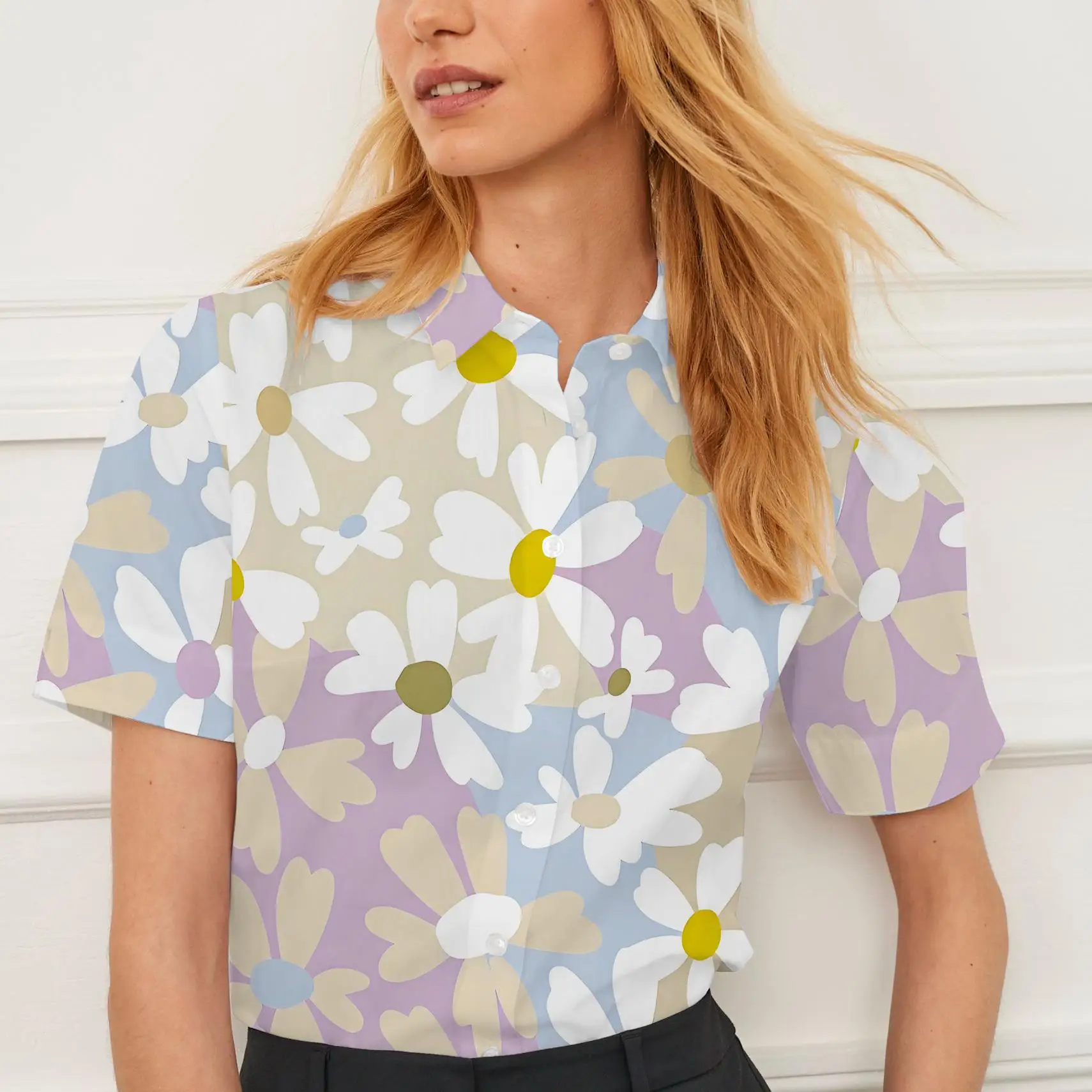 Рубашка с коротким рукавом, летняя женская одежда с лацканами, женские топы с принтом ромашки, модные повседневные дышащие индивидуальные топы