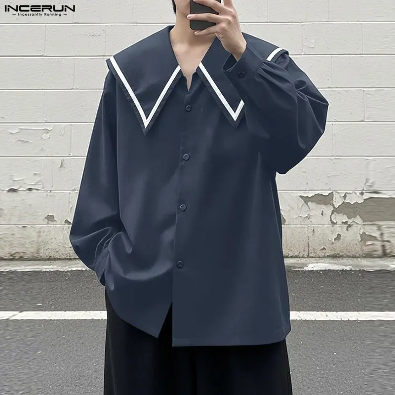 

INCERUN Men Shirt Patchwork Navy Collar Long Sleeve Male Tops Streetwear Loose Korean Style Shirts Fashion Casual Men Clothing