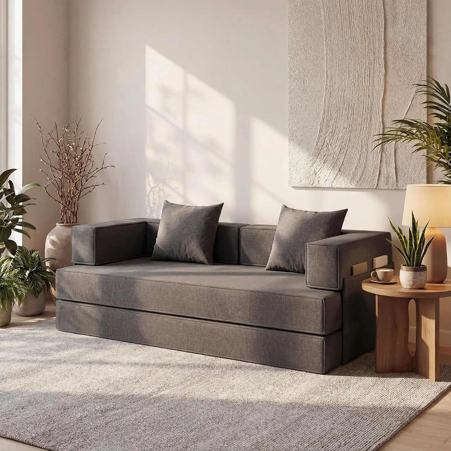 4-in-1 Convertible Sofa Bed,86 Inch Compression Sofa with Corduroy Fabric Pull Out Sleeper Sofa with 2 Pillows & 4, Customized