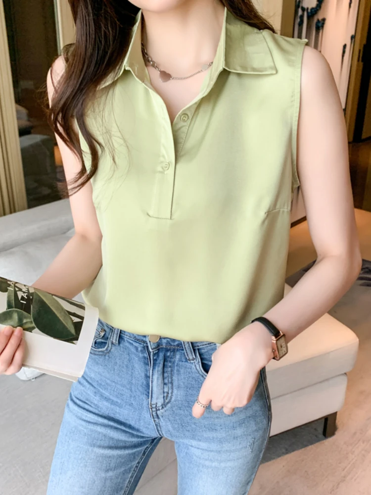 Fashion Summer Blouses for Women Soild Womens Tops Shirt Chiffon Sleeveless Womens Blouses Basic OL Female Clothing Sexy Blouses