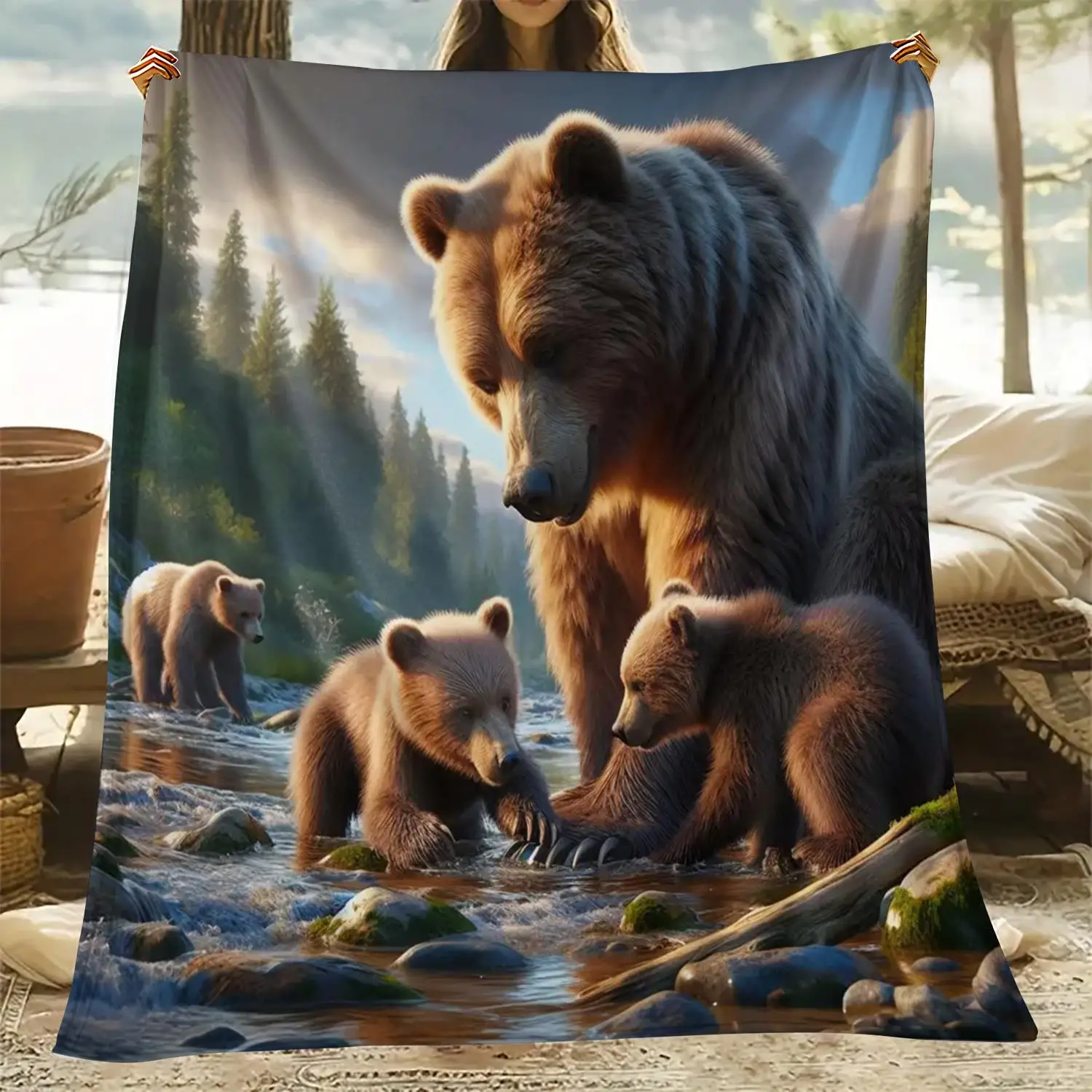 Bear Family Forest River Scene Flannel Blanket Wildlife Art Throw Blanket Nature Lover Gift Cozy Sofa Bed Cover Soft Plush