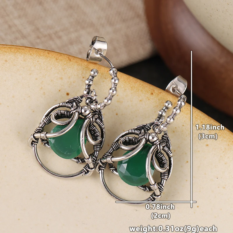 Vintage Inlaid Green Stone Dangle Women's Earrings Trendy Silvery Color Hand Carving Daily Wear Party Jewelry Anniversary Gift