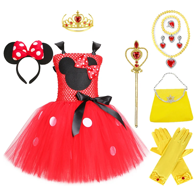 Cute Cartoon Mickey Mouse Cos Dress Crown Magic Wand Bag Gloves Necklace Bracelet Ring Earrings Set  Anime Cosplay Costume