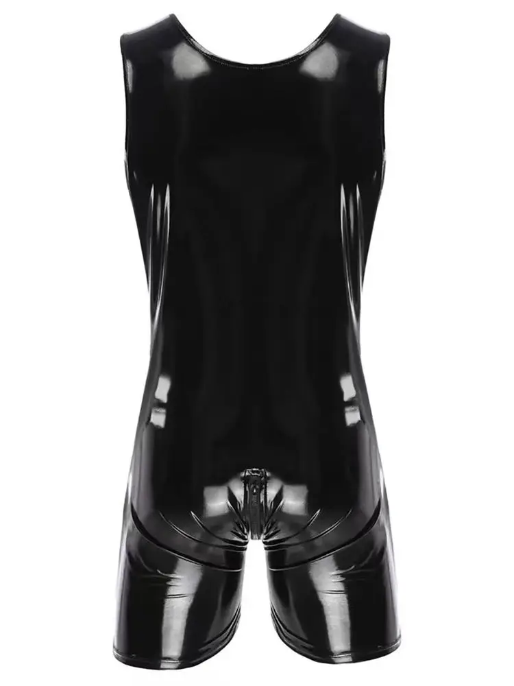 S-7XL Sleeveless Wet Look PVC Playsuits Catsuit Shiny PU Leather Zipper Open Crotch Bodysuit Tight Sexy Hot Shapers Bodybuilding