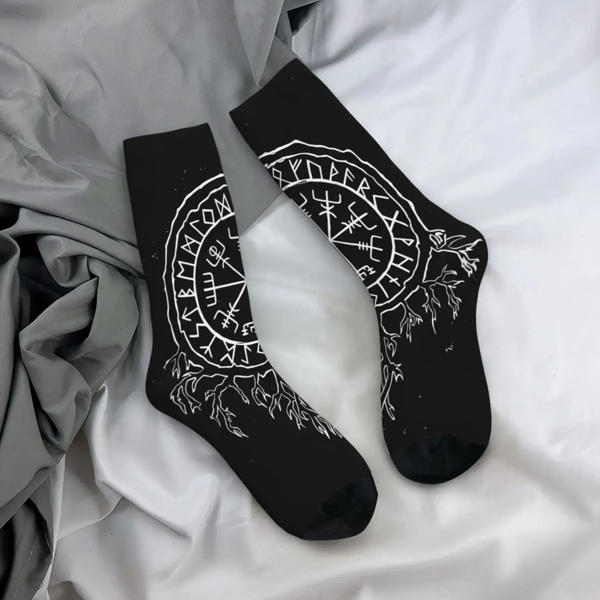 Vegvisir Compass Nordic Futhark Runes Viking Mythology Socks Male Mens Women Autumn Stockings Hip Hop