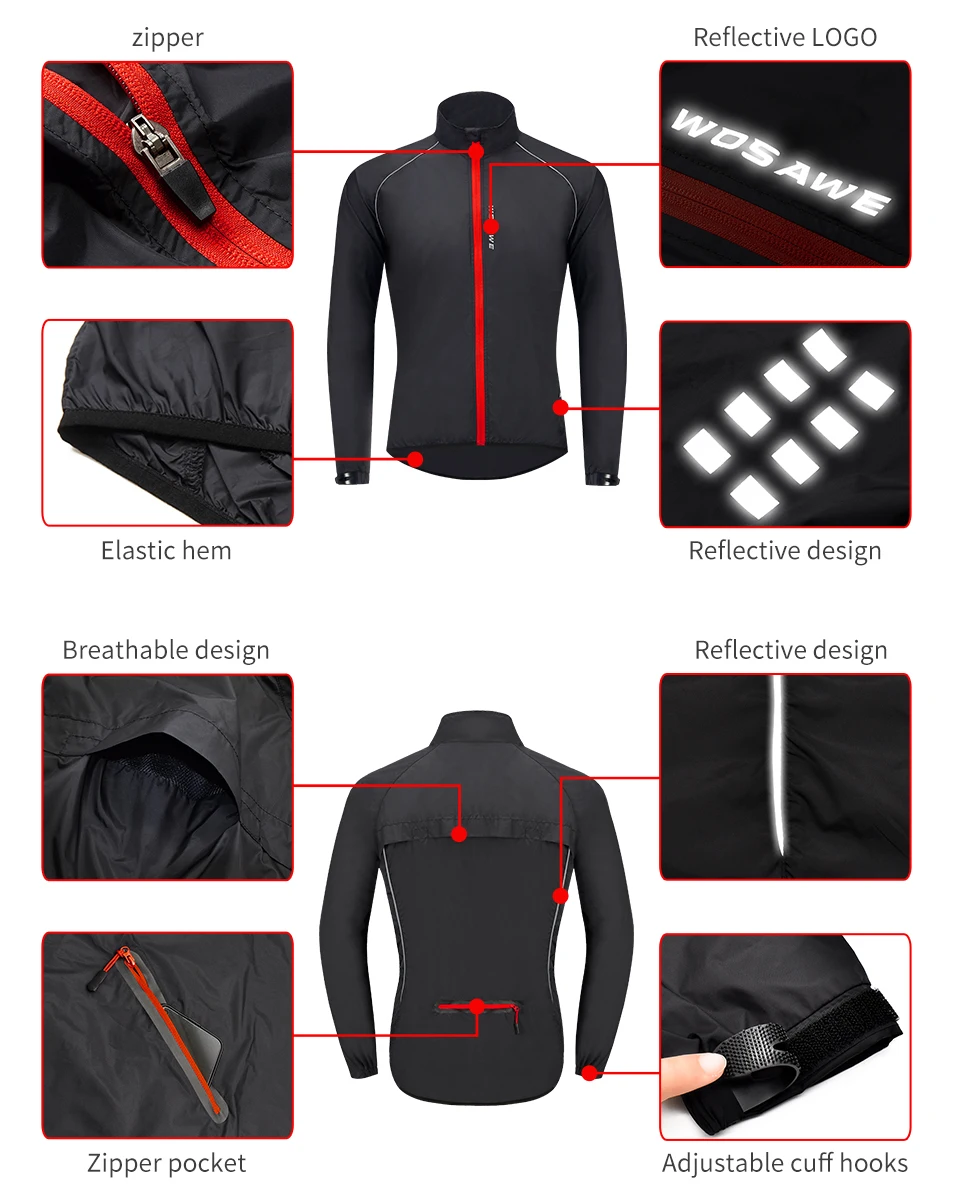 WOSAWE Reflective Portable Cycling Jacket Windproof Waterproof Mountain Bike MTB Wind Coat Running Riding Bicycle Windbreaker