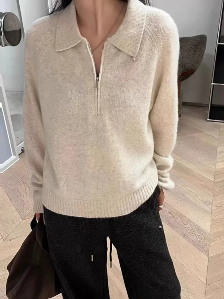 Fall/winter 100% pure cashmere sweater women's semi-zipper POLO neck sweater loose knit bottoming shirt top