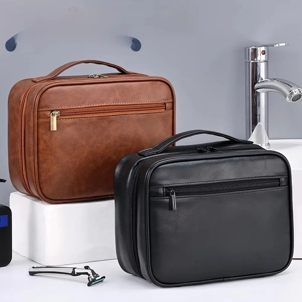 Vintage PU Leather Travel Toiletry Bag Large Capacity Waterproof Wash Bag Organizer Hanging Hook Bathroom Storage Bag Men