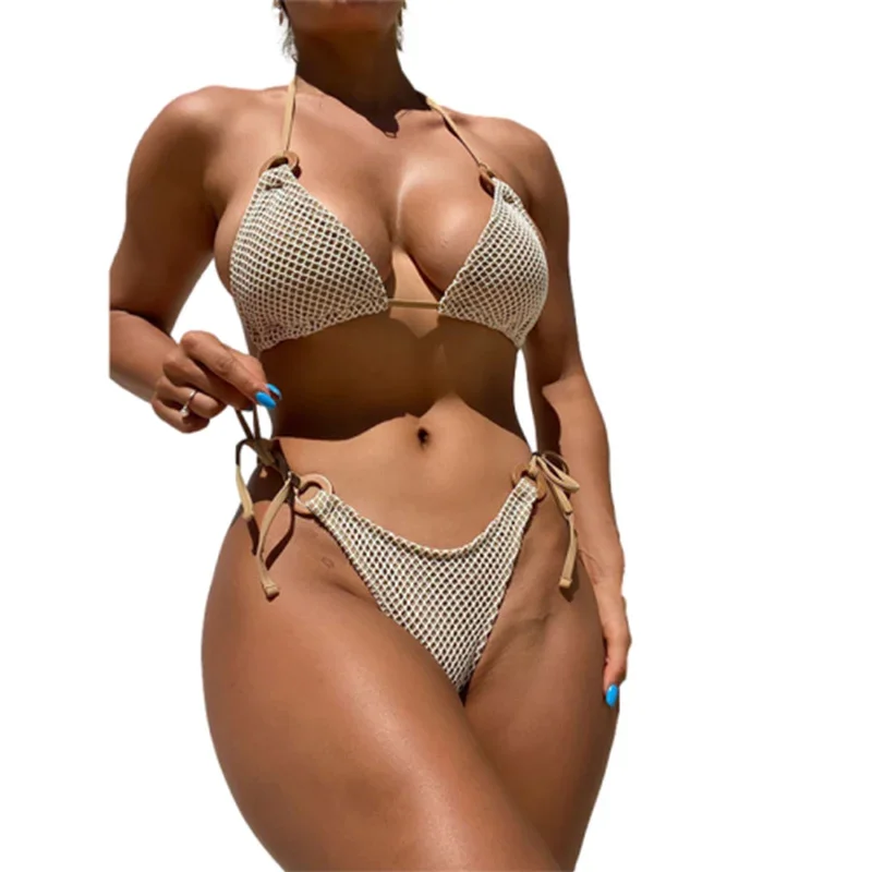 Women Circle Lace-up Thong Swimsuits Sexy See-through Mesh Separate Bikini Sets Female Brazilian Vacation Swimming Bathing Suit