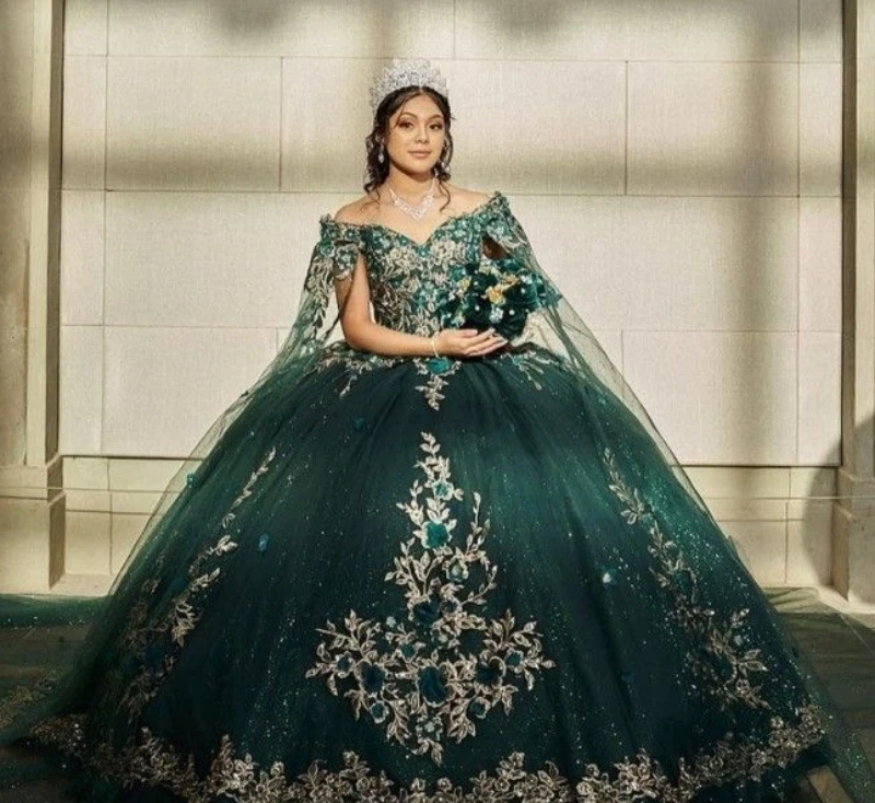 Lorencia Emerald Green Shiny Quinceanera Dress Ball Gown Lace Appliques With Cap Princess Sweet 16 Vestidos De XV Anos YQD387