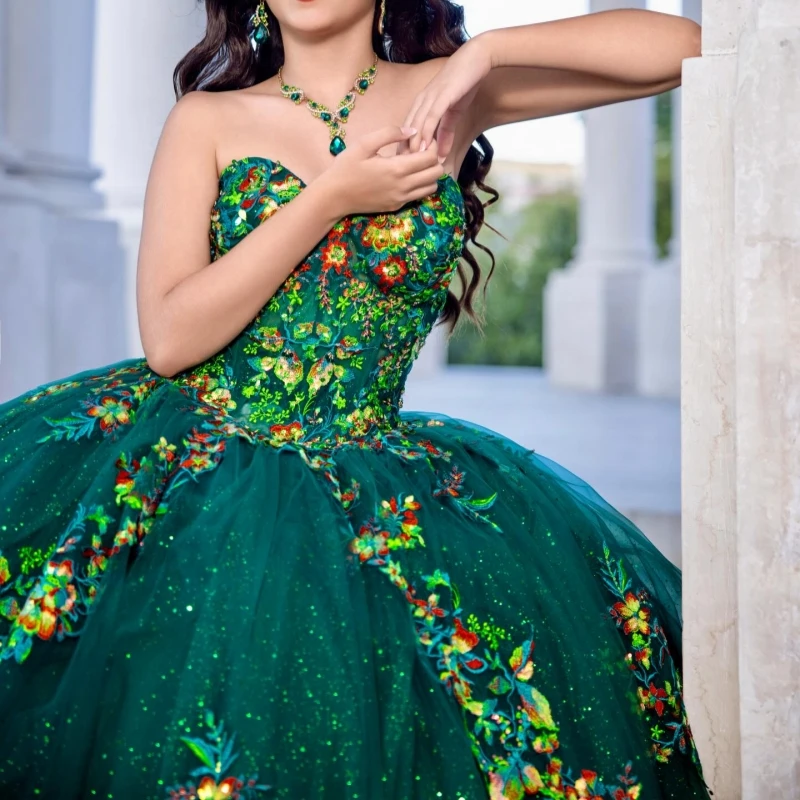 

Dark Green Shiny Quinceanera Dresses Off The Shoulder Applique Lace Beading Crystal Tull Corset Party Birthday Sweet 16 Dress