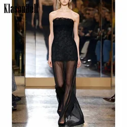 8.3 KlasonBell Runway Mesh Embroidery Sexy Strapless Evening Dress Sleeveless Back Button Collect Waist Maxi Dress Women