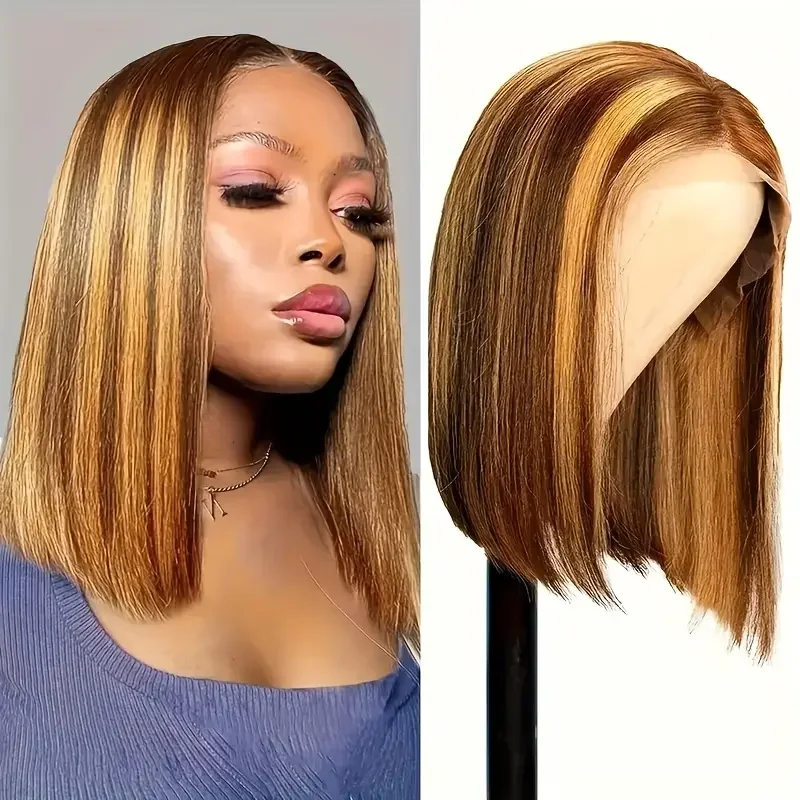 Highlight Wig Human Hair Bob Wig 4/27 Short Straight Bob Wig Lace Front Human Hair Wigs Piano Color Cheap Wig On Clearance Sale