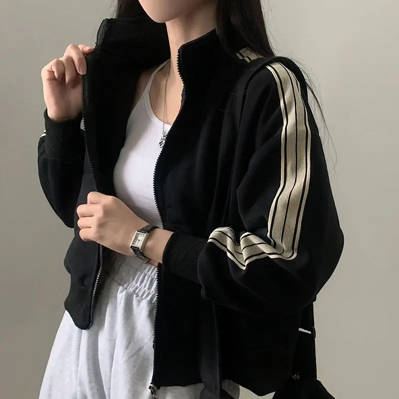 Sweatshirt Jacket High Quality Side Stripe Zipper Stand Collar American College Style Women'S Pocket Loose Versatile Top