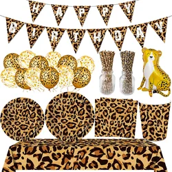 Cheetah Happy Birthday Decorations Leopard Print Banner Balloons Tableware Print Plastic Tablecloth Kids Adult Theme Decorations