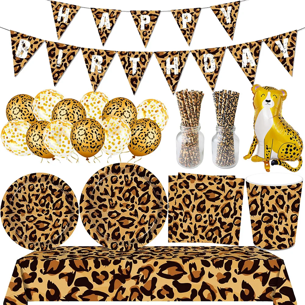 Cheetah Happy Birthday Decorations Leopard Print Banner Balloons Tableware Print Plastic Tablecloth Kids Adult Theme Decorations