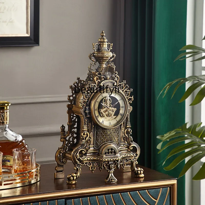 Creative European retro desk clock semi-mechanical perspective movement desk clock desktop decoration metal clock
