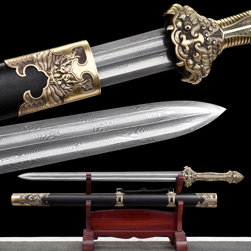 Medieval Premium Jian Sword Folded Steel Damascus Blade Ready Training Real Full Tang Samurai Swords Brass Dragon Weapons Katana