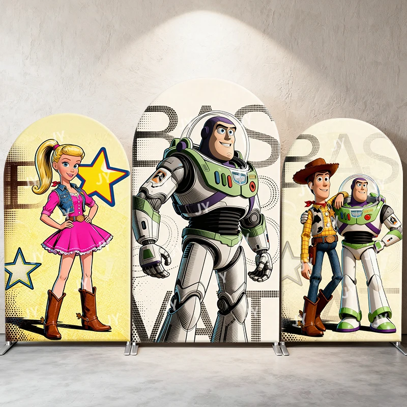 

Toy Story Arch Backdrop Cover Barbie Woody Buzz Star Cartoon Scene Kids Birthday Baby Shower Photo Booth Decor Background
