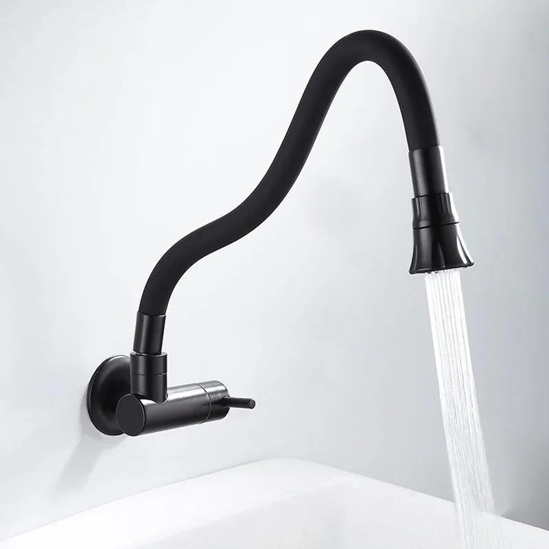 BAKALA Black Color Single Cold Wall Mounted Kitchen Faucet Wall Kitchen Mixers Kitchen Sink Tap 360 Degree Swivel Flexible Hose