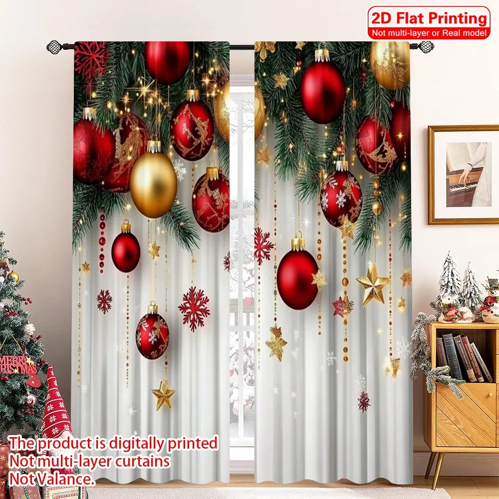 

2D flat printing 2pcs Christmas Curtains Red and Gold Ball Pine Branch Snowflake Versatile Polyester Without Electricity Spring