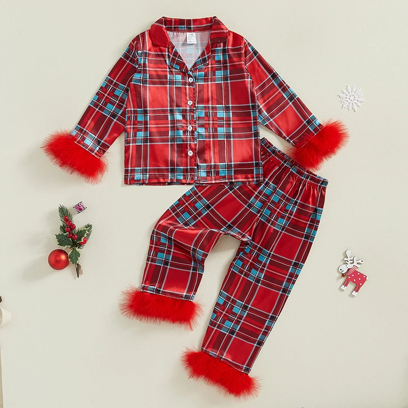 Baby Girl 2-Piece Checkered Fashionable Home Christmas Pajamas Long Sleeve Feather Bordered Shirt+Pants Set Children'S Pajamas