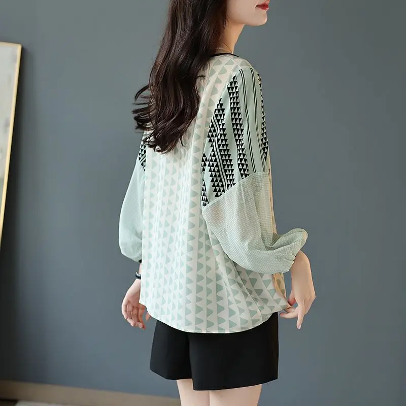 Fashion Loose Printed Chiffon Lantern Sleeve Blouse Women Clothing 2023 Spring New Casual Pullovers Korean Shirt