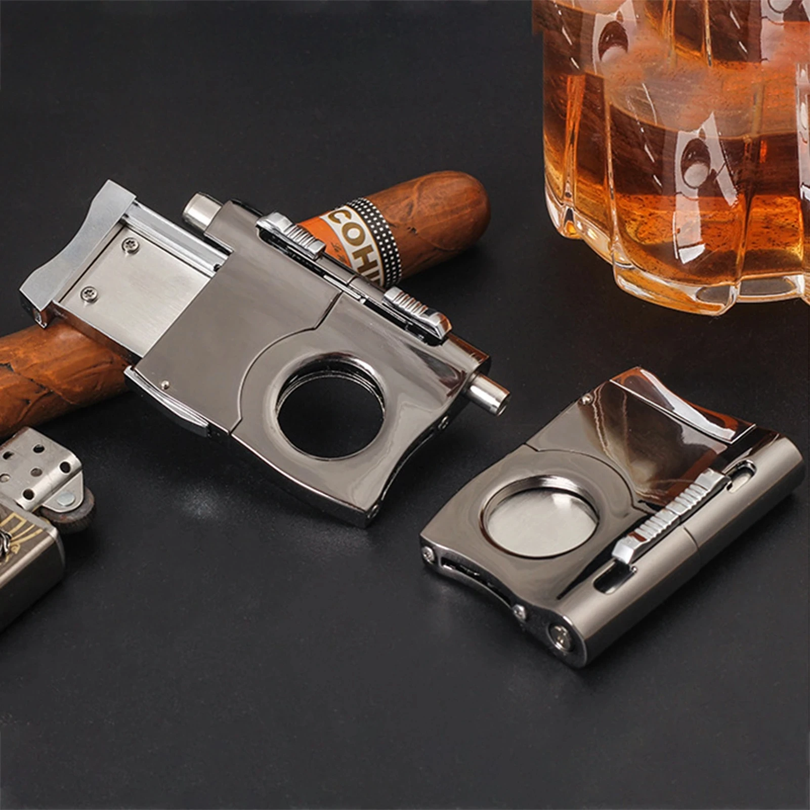 Cigar V Cutter Blade with 2 Cigars, Stainless Steel Punches, V-Shaped Cigars Punch Cutter, Guillotine, Gift for Men