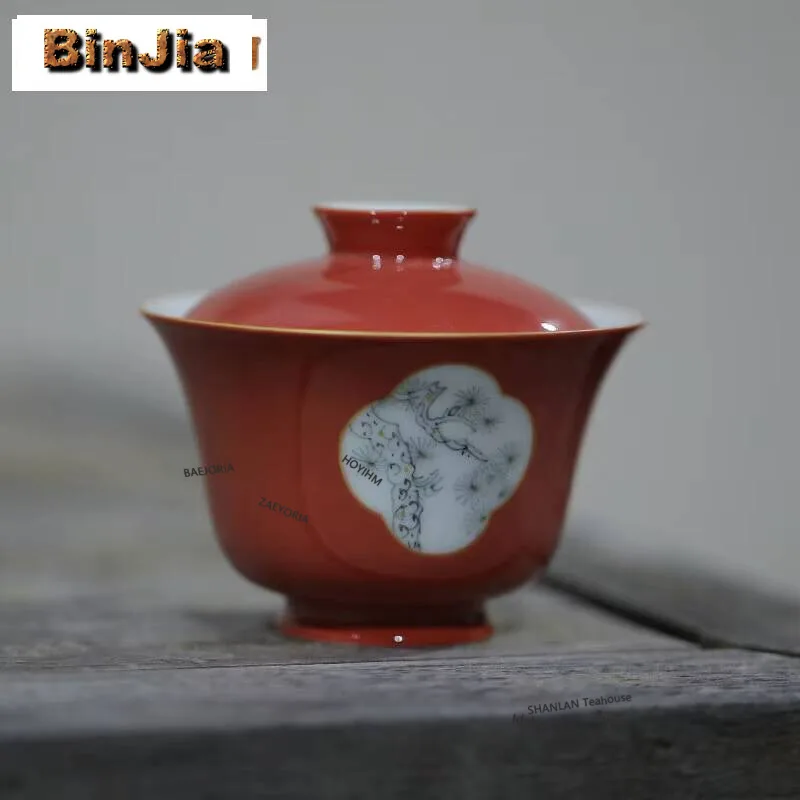 140ml Hand-painted Lotus Rhyme Gaiwan Antique Window Opening Alum Red Tea Tureen Tea Maker Cover Bowl Cha Chinese Tea Set Gift