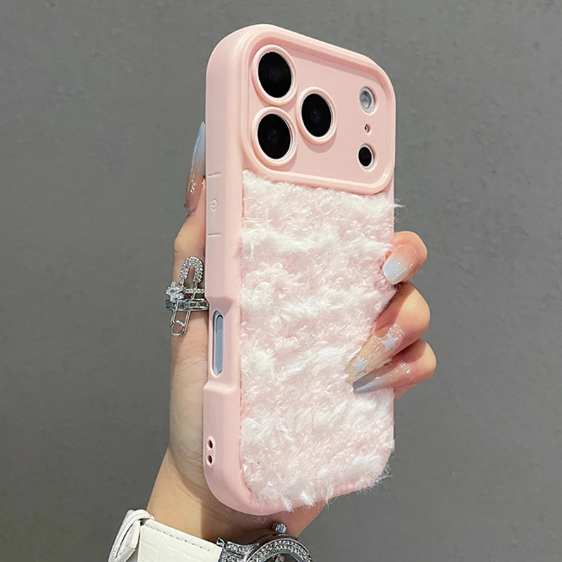 

Корейский милый пушистый чехол для телефона для iPhone 17 15 14 13 12 11 Pro Max Air X XS XR 7 8 Plus 16e SE2, однотонный мягкий плюшевый чехол